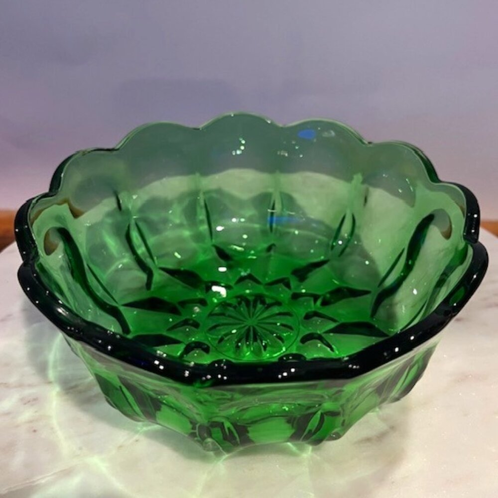 Vintage Green Glass Bowl Candy Dish with Scalloped Rim